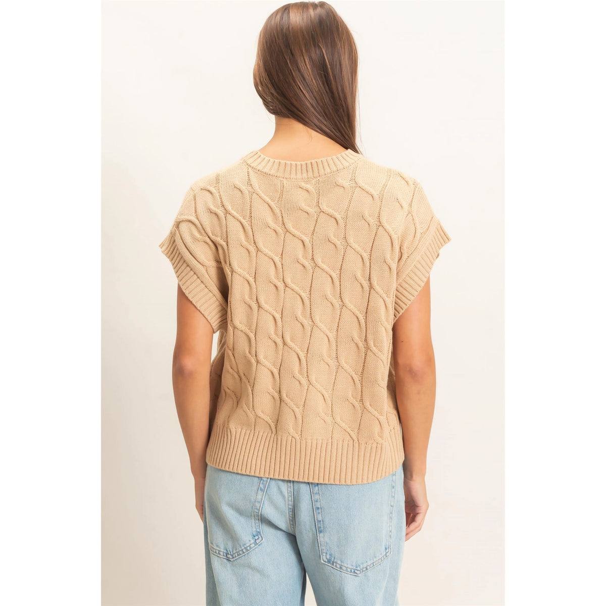 Double Zero Cable Knit Cap Sleeve Taupe Sweater DZ26C974