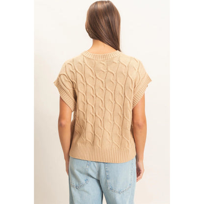 Double Zero Cable Knit Cap Sleeve Taupe Sweater DZ26C974