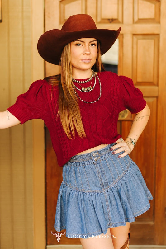Lucky&blessed Knit Puff Sleeve Sweater Top (Plus Sizes) T01210-BRG