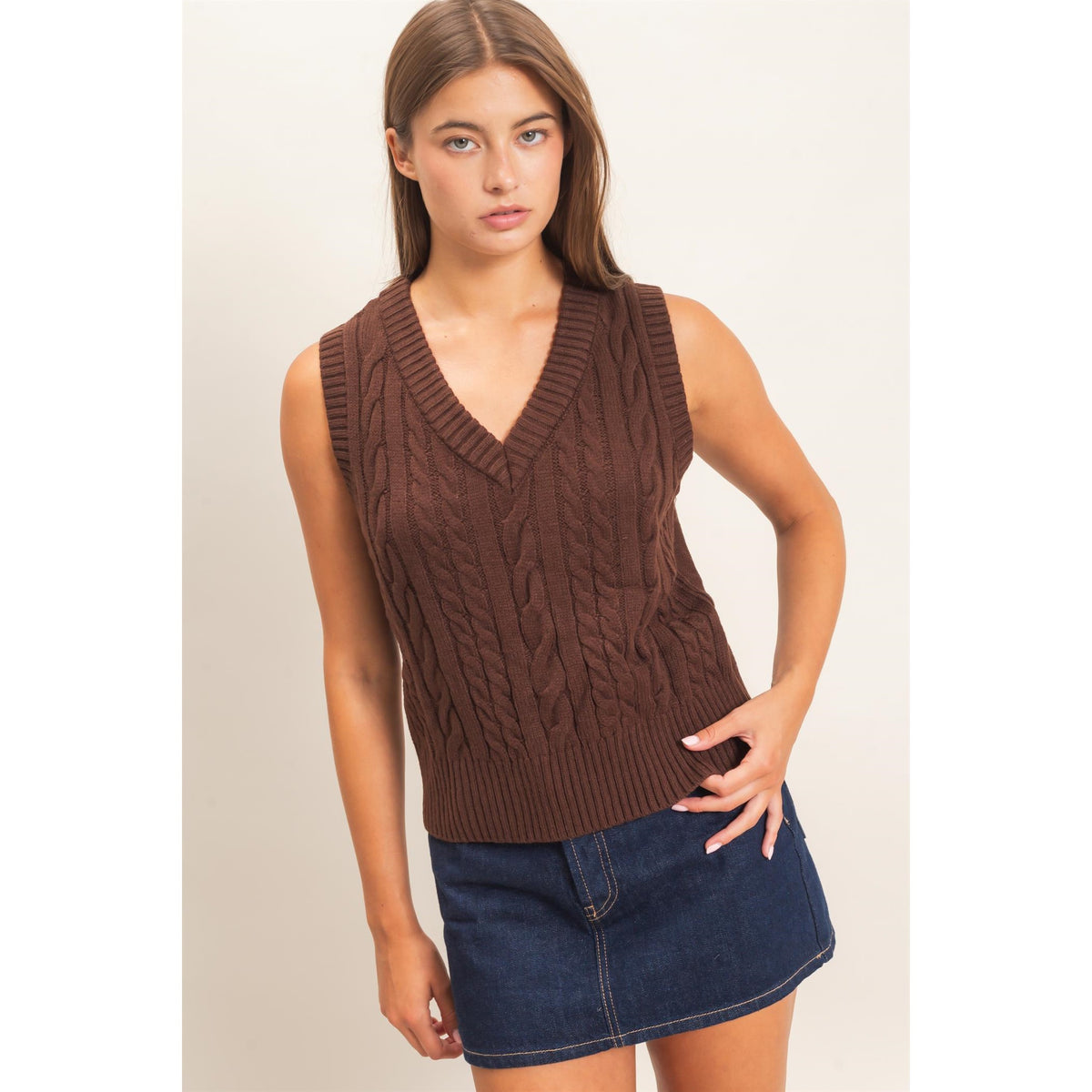 Double Zero Cable Knit V-Neck Dark Brown Sweater Vest DZ26E548