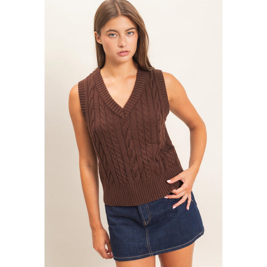 Double Zero Cable Knit V-Neck Dark Brown Sweater Vest DZ26E548