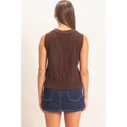 Double Zero Cable Knit V-Neck Dark Brown Sweater Vest DZ26E548