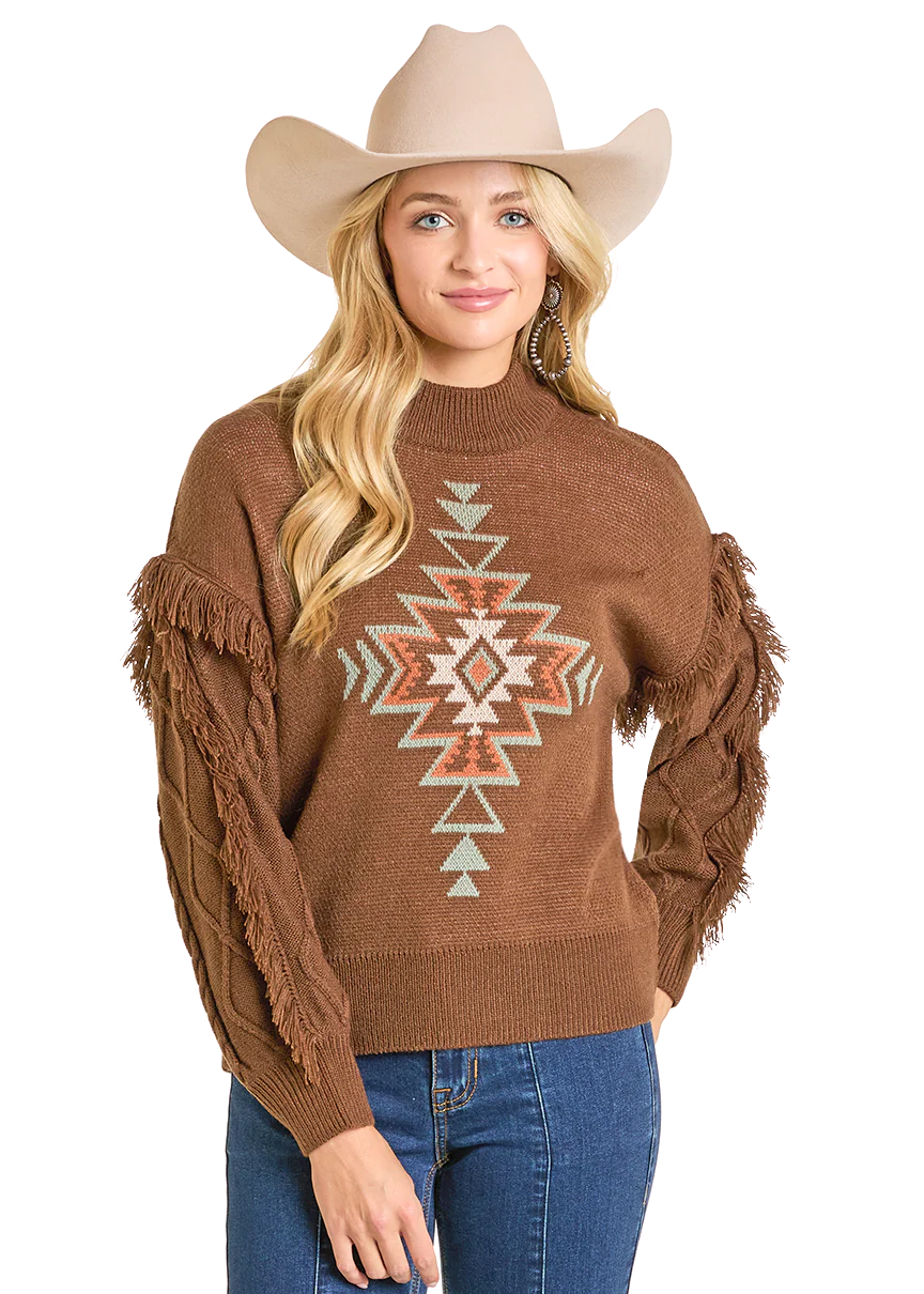 ROCK&ROLL AZTEC KNIT FRINGE SWEATER