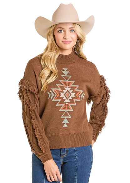 ROCK&ROLL AZTEC KNIT FRINGE SWEATER
