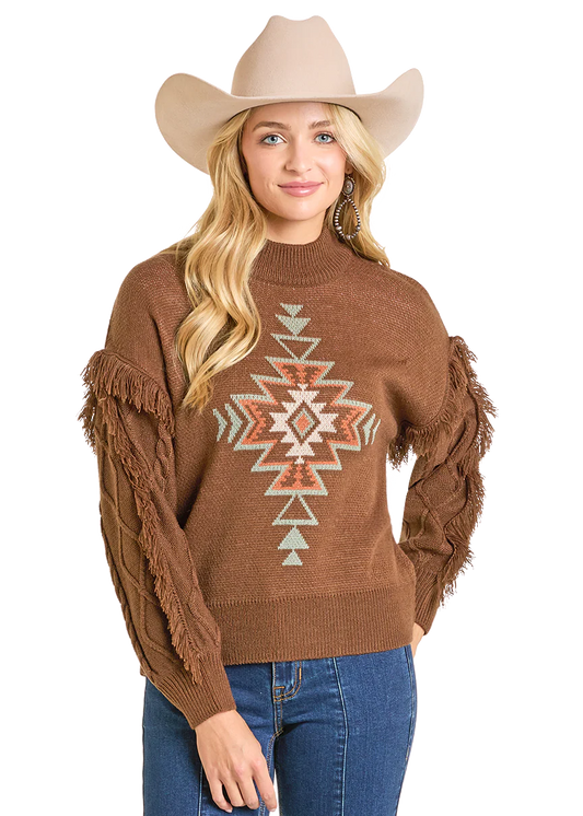 ROCK&ROLL AZTEC KNIT FRINGE SWEATER