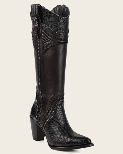 Cuadra Women Black Python Knee High Boots