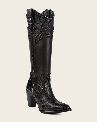 Cuadra Women Black Python Knee High Boots