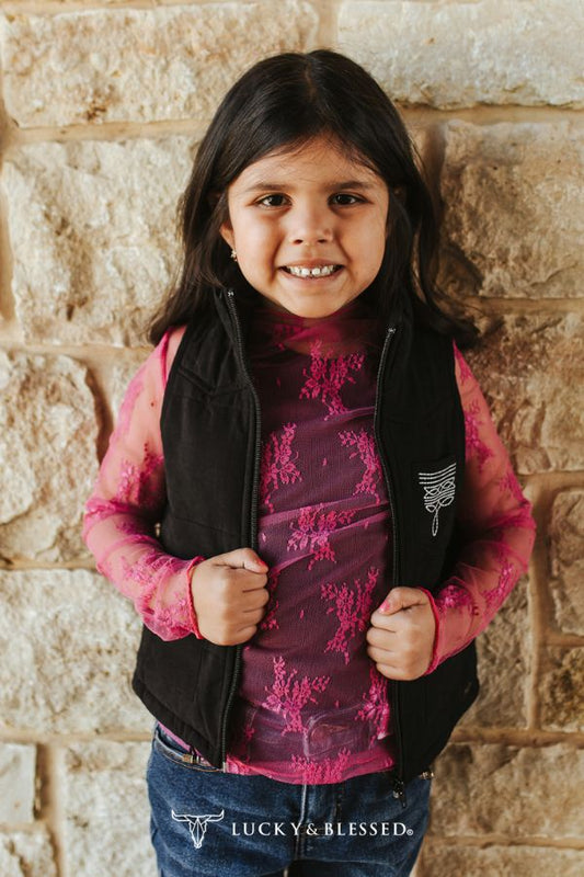 Lucky & Blessed Girls Black Puffer W Boot Stitch Detail Vest JO235-G-BLK
