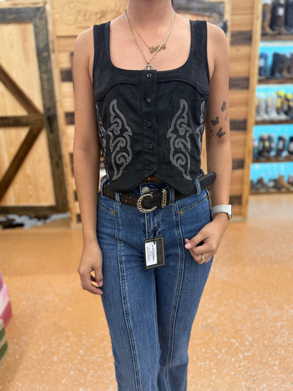 Rock&Roll Embroidered Microsuede Black Top BW50T08082