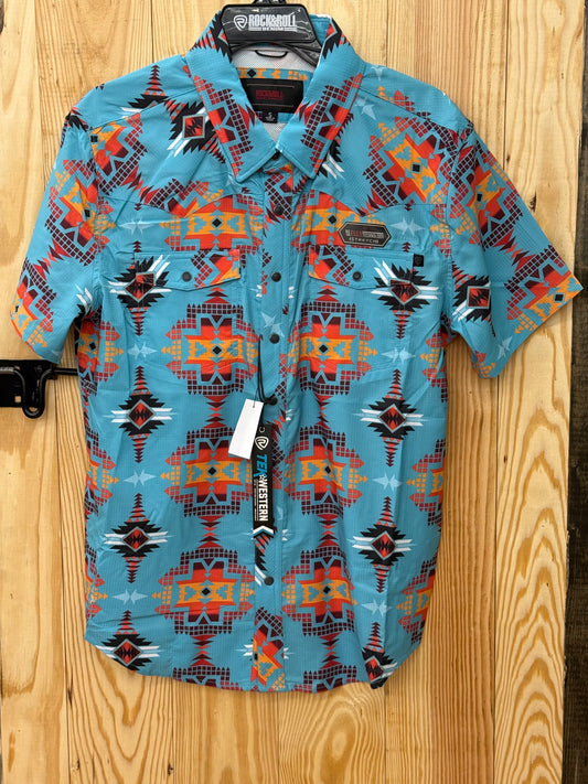 Rock&Roll Men’s Aztec Printed Tek Western SS Shirt BMN3S08388