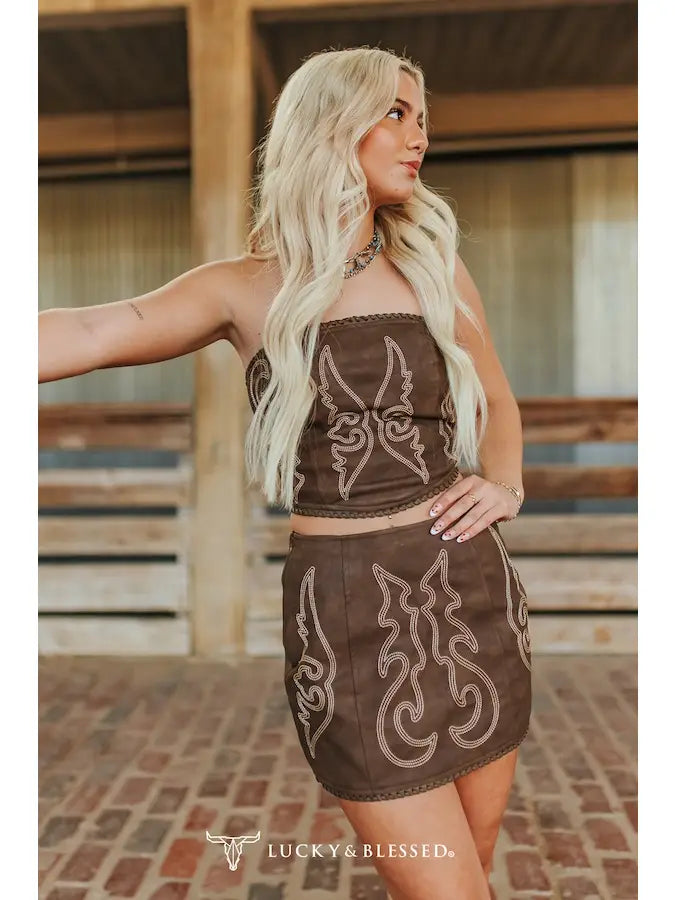 Lucky & Blessed Brown Leather Buck-Stitch Corset W Skirt Set ST033-BRW
