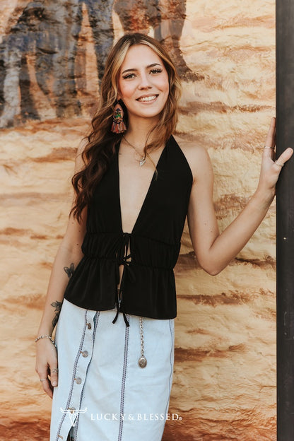 Lucky & Blessed Black Front Tie Halter Sleeveless Top TO1252-BLK