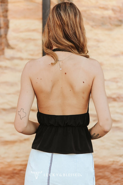 Lucky & Blessed Black Front Tie Halter Sleeveless Top TO1252-BLK