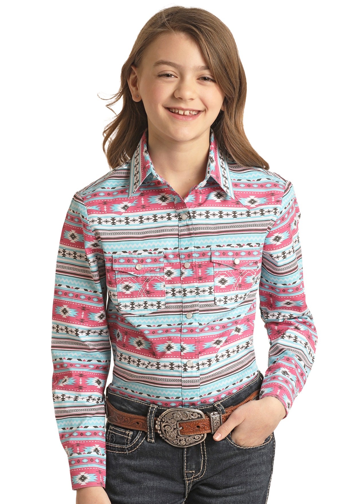 Girls Panhandle Bubble Gum Pink and Turquoise Aztec Print Western Shirt