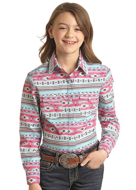 Girls Panhandle Bubble Gum Pink and Turquoise Aztec Print Western Shirt