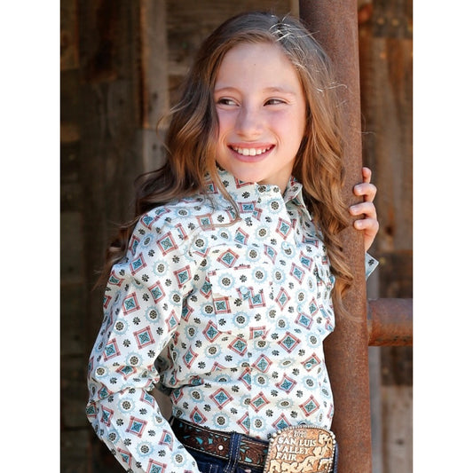 Girls Cruel Long Sleeve Western Print Snap Shirt/light blue