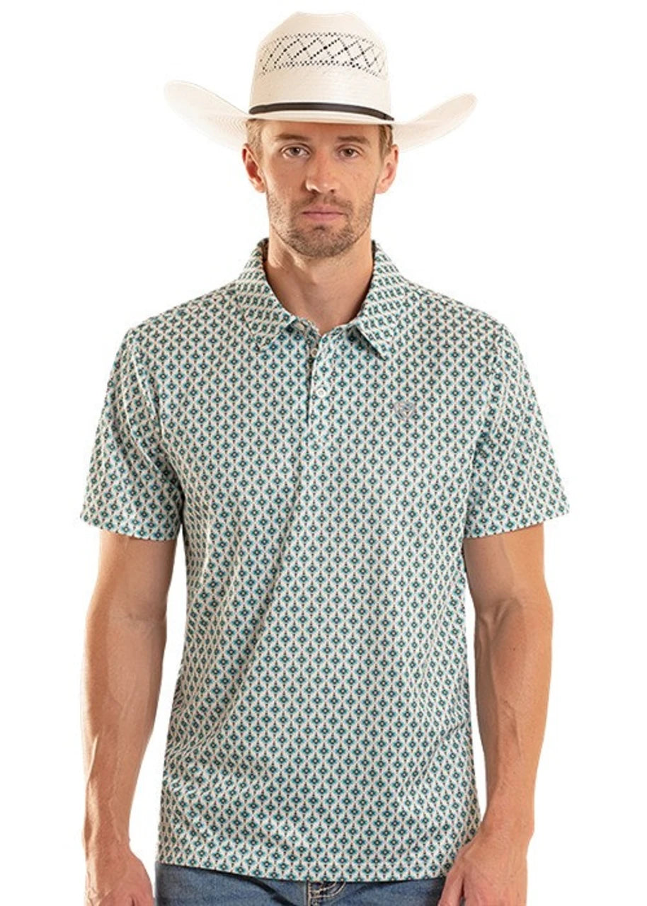 Rock & Roll Teal Mini Aztec Geo Printed Men’s Polo BM51T08713