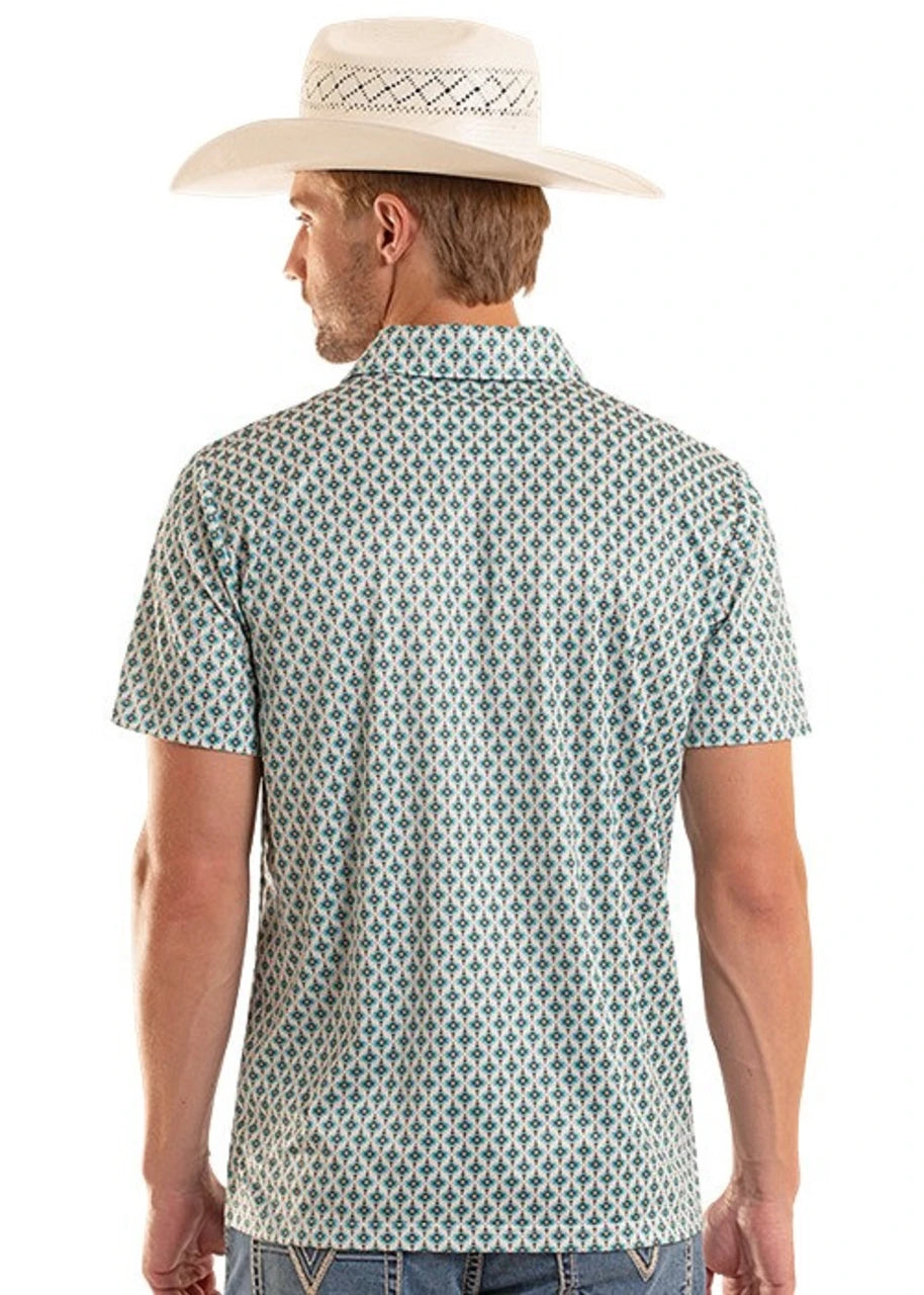 Rock & Roll Teal Mini Aztec Geo Printed Men’s Polo BM51T08713