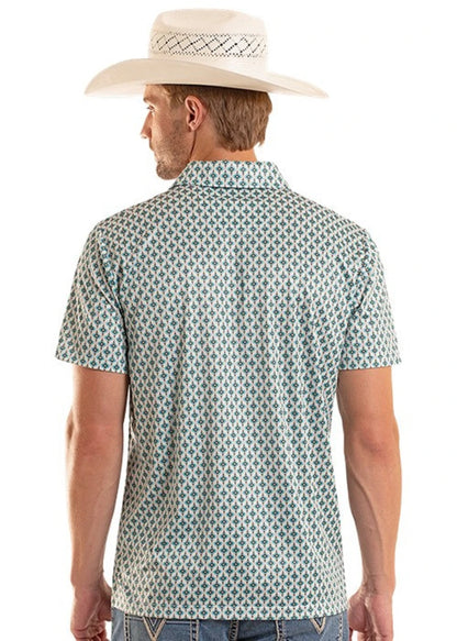 Rock & Roll Teal Mini Aztec Geo Printed Men’s Polo BM51T08713