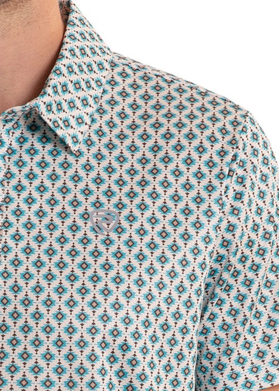 Rock & Roll Teal Mini Aztec Geo Printed Men’s Polo BM51T08713
