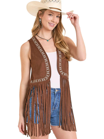Rock&Roll Women’s Embroidered Fringe Brown Vest BW98C08110