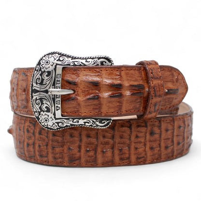 MENS LEATHER CAIMAN PRINT METAL BUCKLE BELT COGNAC - TANNER MARK