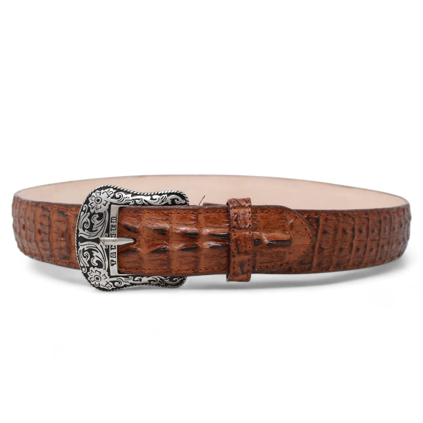 MENS LEATHER CAIMAN PRINT METAL BUCKLE BELT COGNAC - TANNER MARK