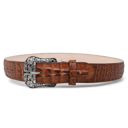 MENS LEATHER CAIMAN PRINT METAL BUCKLE BELT COGNAC - TANNER MARK