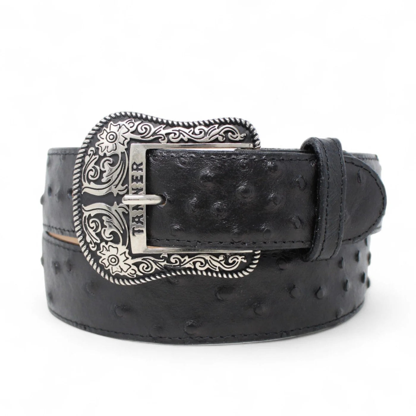 LEATHER OSTRICH PRINT TX METAL BUCKLE BELT BLACK - TANNER MARK