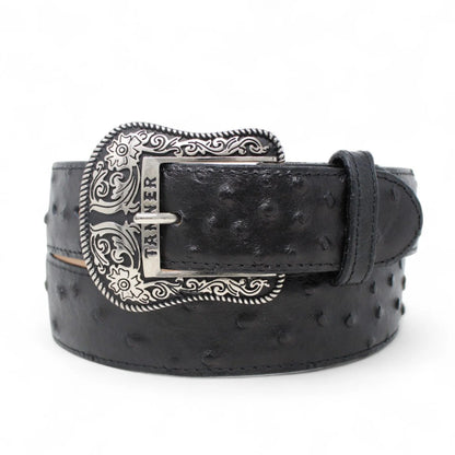 LEATHER OSTRICH PRINT TX METAL BUCKLE BELT BLACK - TANNER MARK
