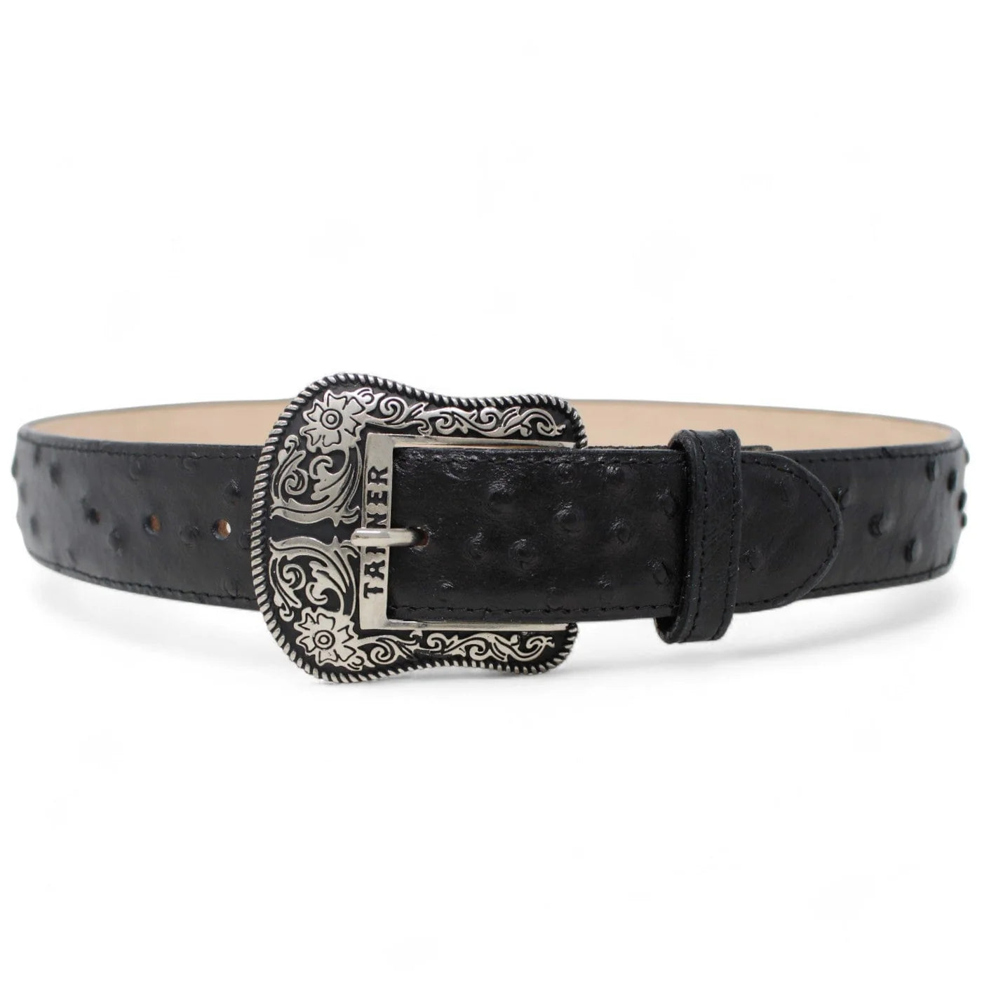LEATHER OSTRICH PRINT TX METAL BUCKLE BELT BLACK - TANNER MARK