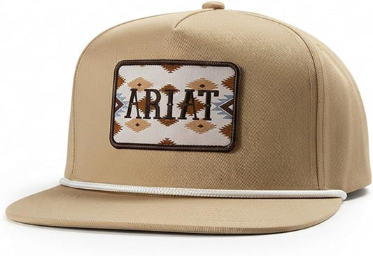 ARIAT Men's Southwestern Patch Snapback Cap with Rope Trim, Flat Brim, Tan