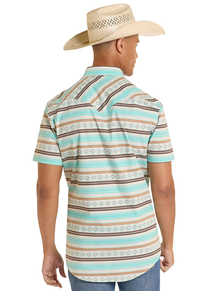 Rock&Roll Men’s Teal Stripe Printed Shirt Short Sleeve BMN3S08654