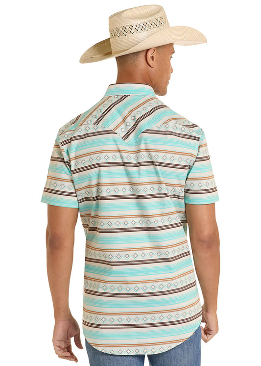Rock&Roll Men’s Teal Stripe Printed Shirt Short Sleeve BMN3S08654
