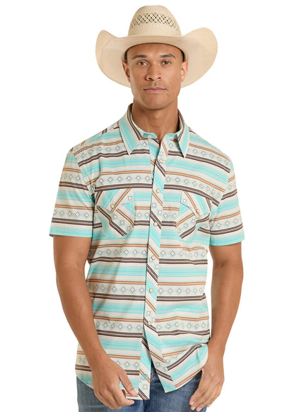 Rock&Roll Men’s Teal Stripe Printed Shirt Short Sleeve BMN3S08654