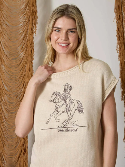 J.O.A Women’s Western Embroidery Short Sleeve Knit Sweater J6ST1079