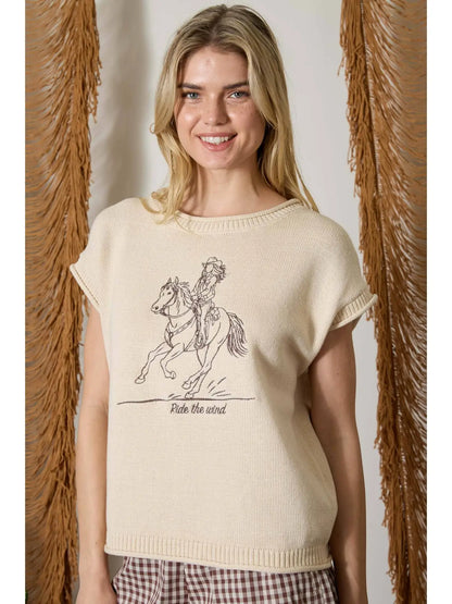 J.O.A Women’s Western Embroidery Short Sleeve Knit Sweater J6ST1079