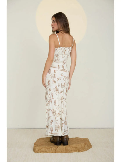 The Workshop Women’s Western Print Spaghetti Strap Front Tie Midi Dress TW1349C