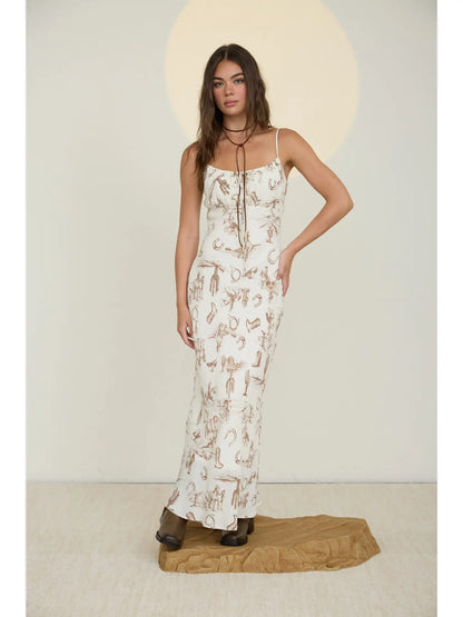 The Workshop Women’s Western Print Spaghetti Strap Front Tie Midi Dress TW1349C