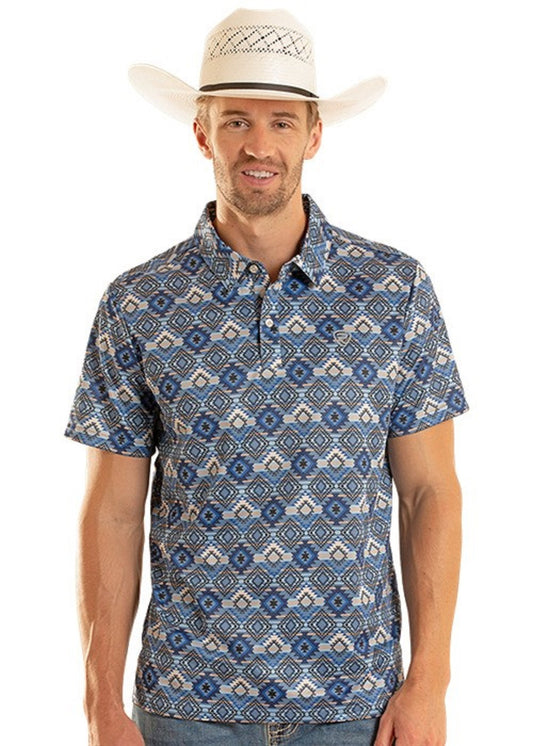 Rock & Roll Men’s Blue Aztec Print Polo BM51T08719