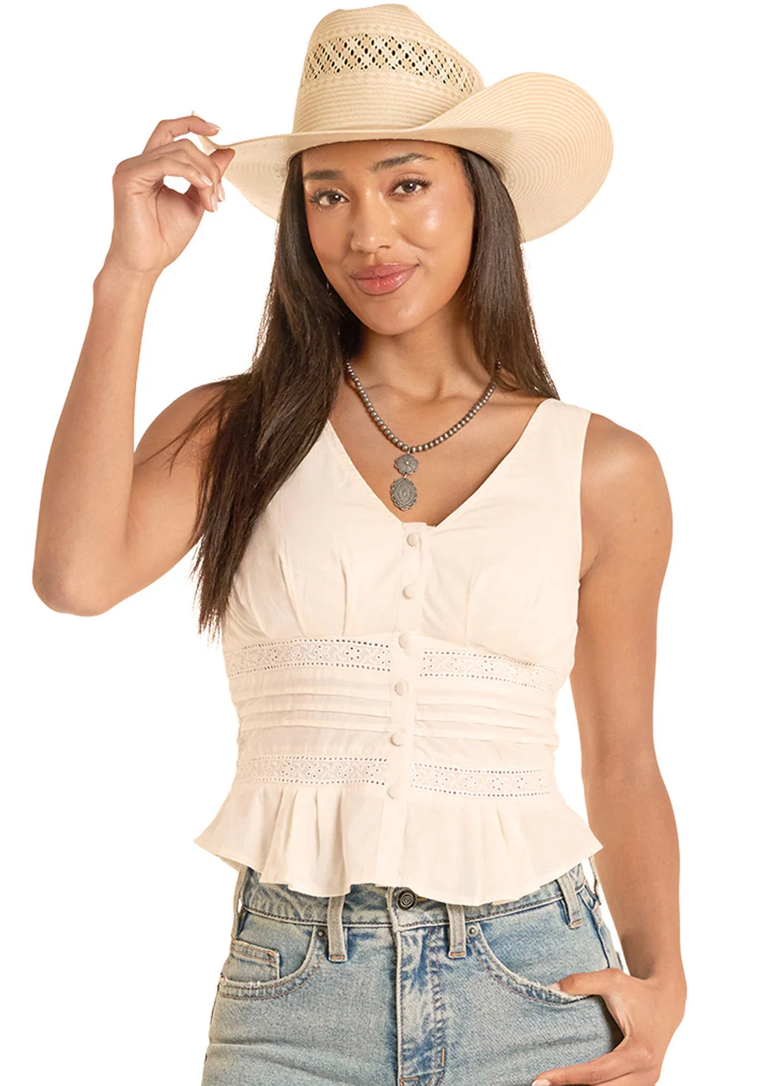 Rock&Roll Denim Women’s White eyelet Inset Cream Top BW20T08773