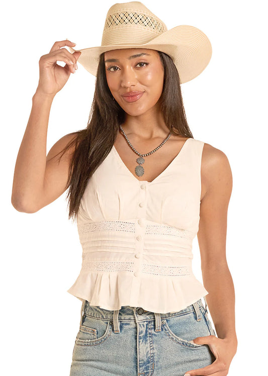 Rock&Roll Denim Women’s White eyelet Inset Cream Top BW20T08773