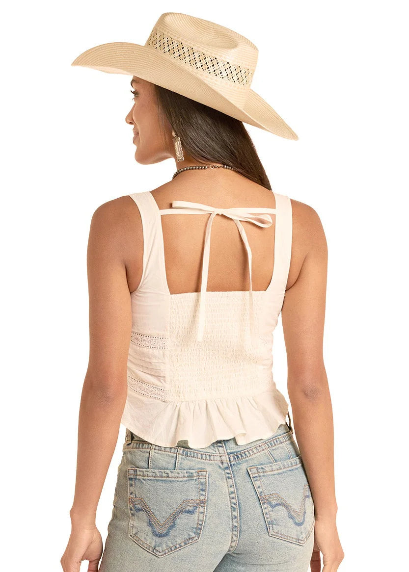 Rock&Roll Denim Women’s White eyelet Inset Cream Top BW20T08773