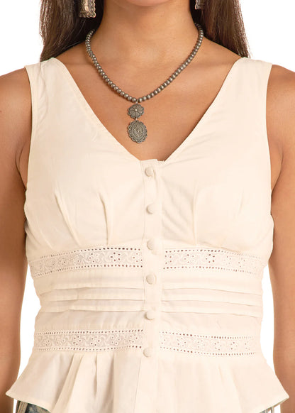 Rock&Roll Denim Women’s White eyelet Inset Cream Top BW20T08773