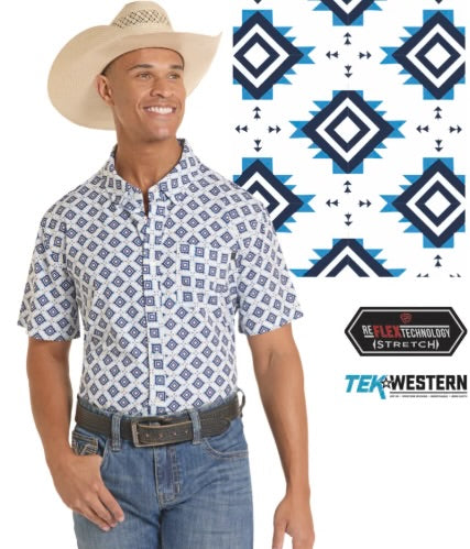 Rock&Roll Men’s Tek Core Geo Print White Snap SS Shirt BMN3S08697
