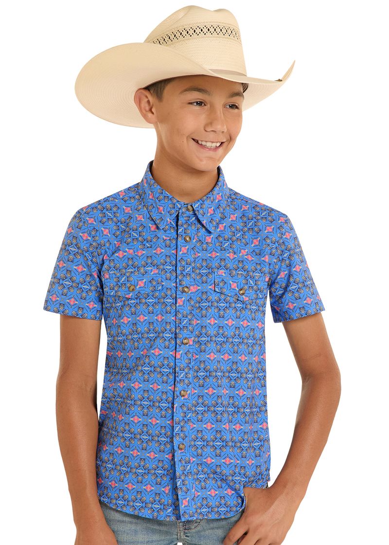Rock & Roll Boys Tek Mesh Geo Print Short Sleeve Snap Shirt BBN3S08694