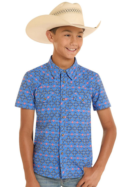 Rock & Roll Boys Tek Mesh Geo Print Short Sleeve Snap Shirt BBN3S08694