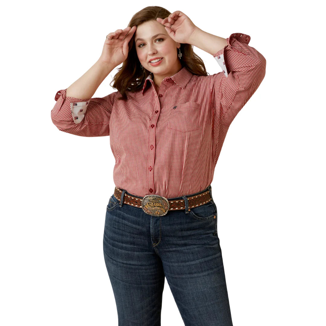 Ariat Ladies Kirby Stretch Equestrian Red Check Button Down Shirt