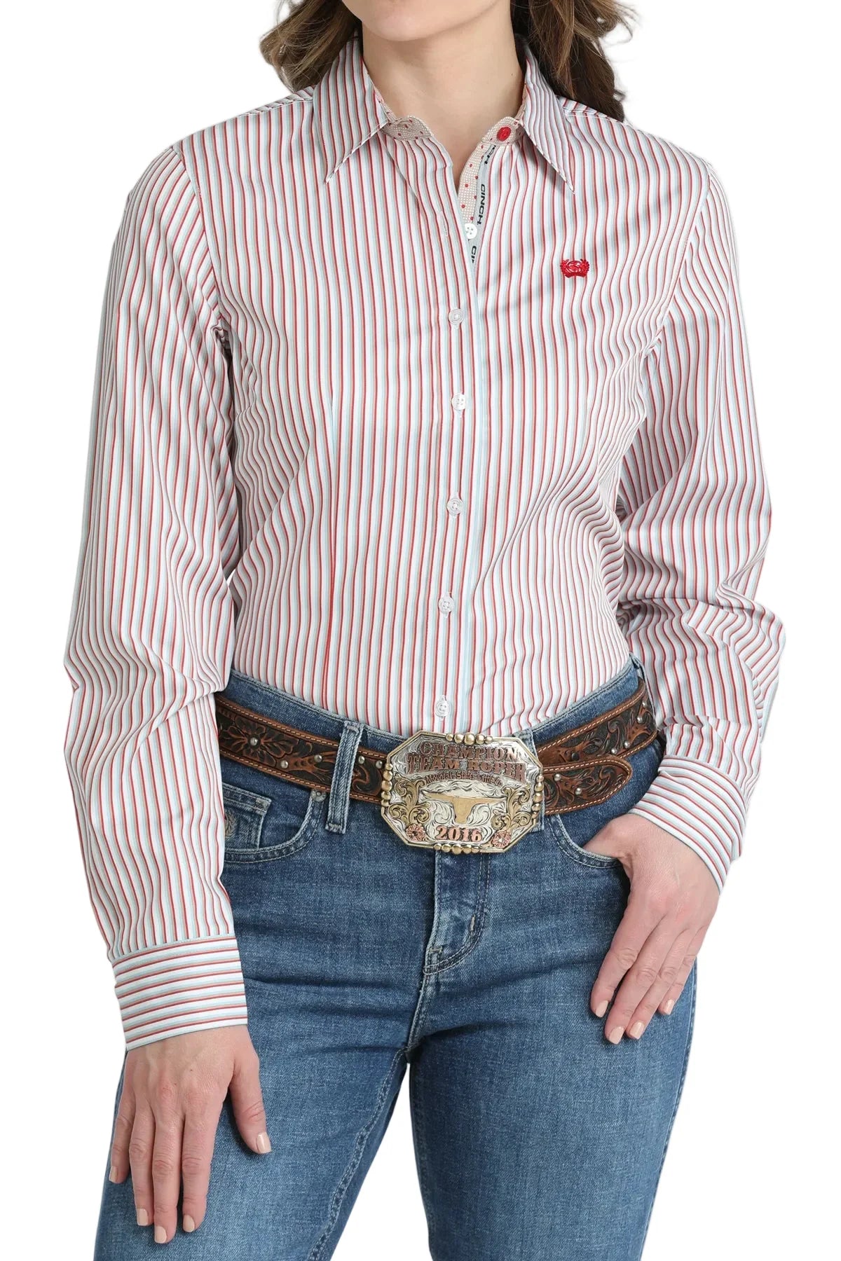 Cinch Ladies White Striped LS Shirt  MSW9165090