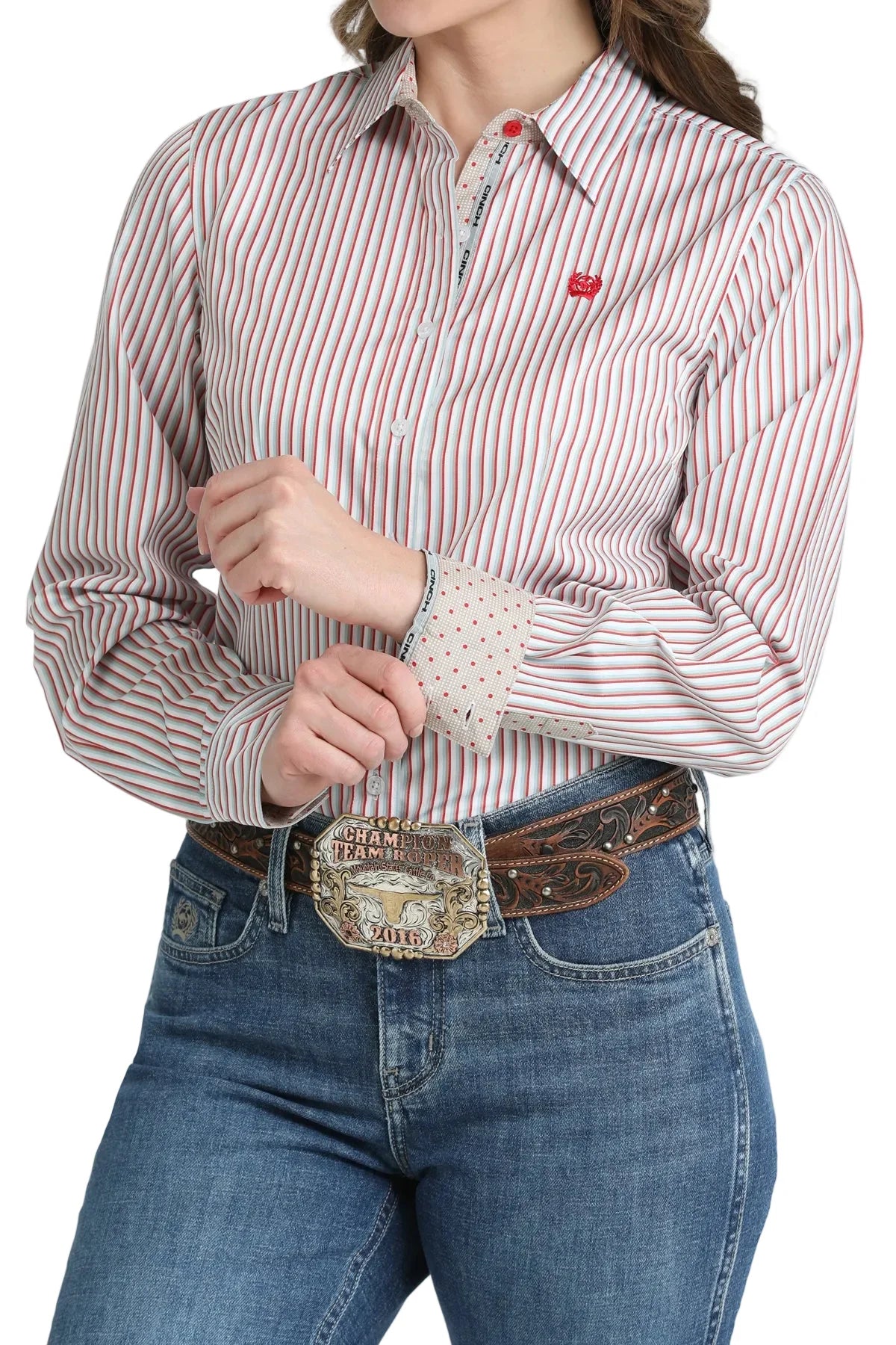 Cinch Ladies White Striped LS Shirt  MSW9165090